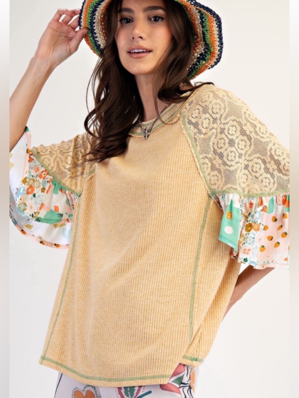 EASEL PRINT N LACE MIX RIB KNIT TUNIC NEW WITH TAGS
